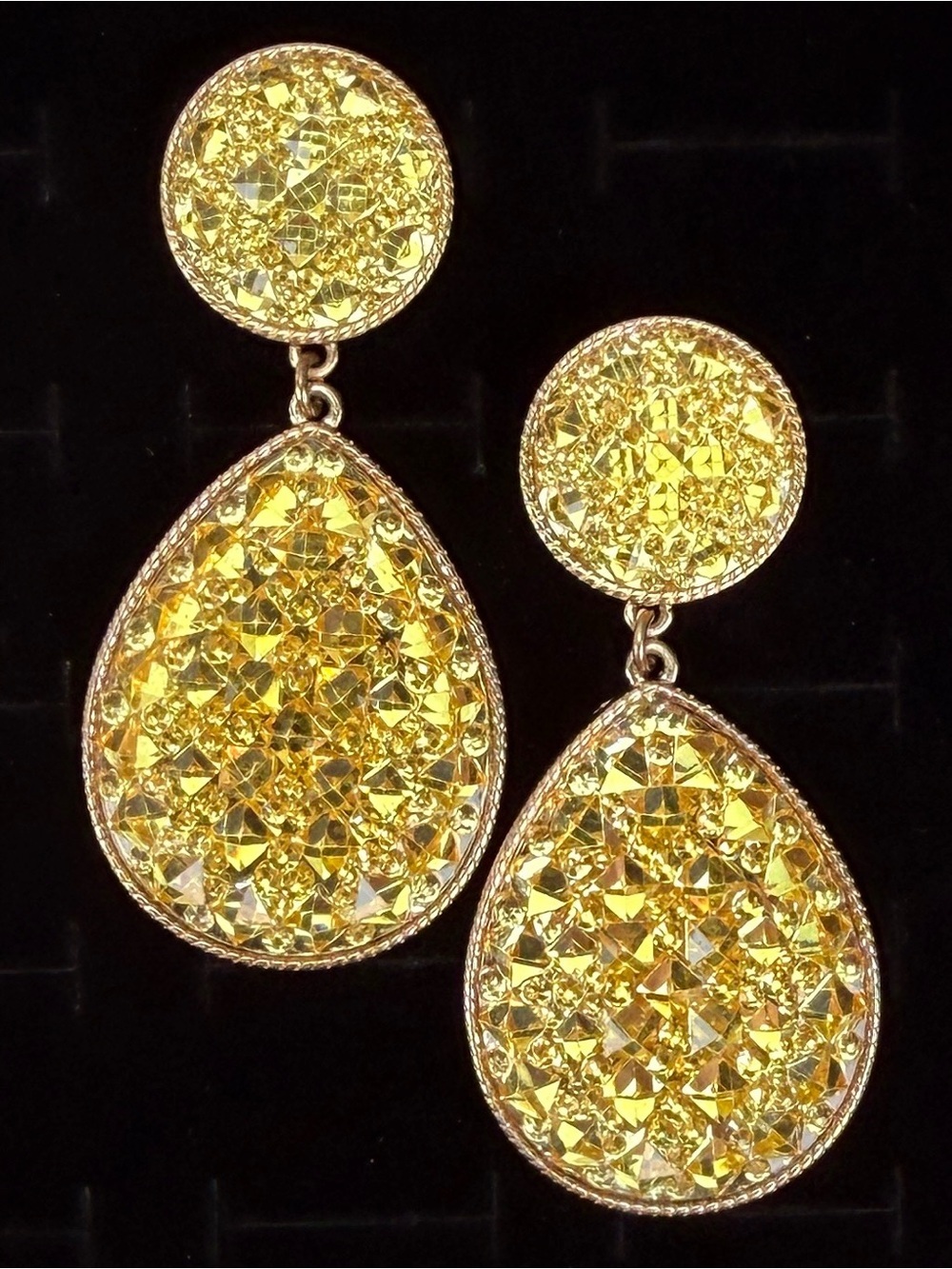 Vintage costume goldtone, yellow mustard, reflective pierced earrings